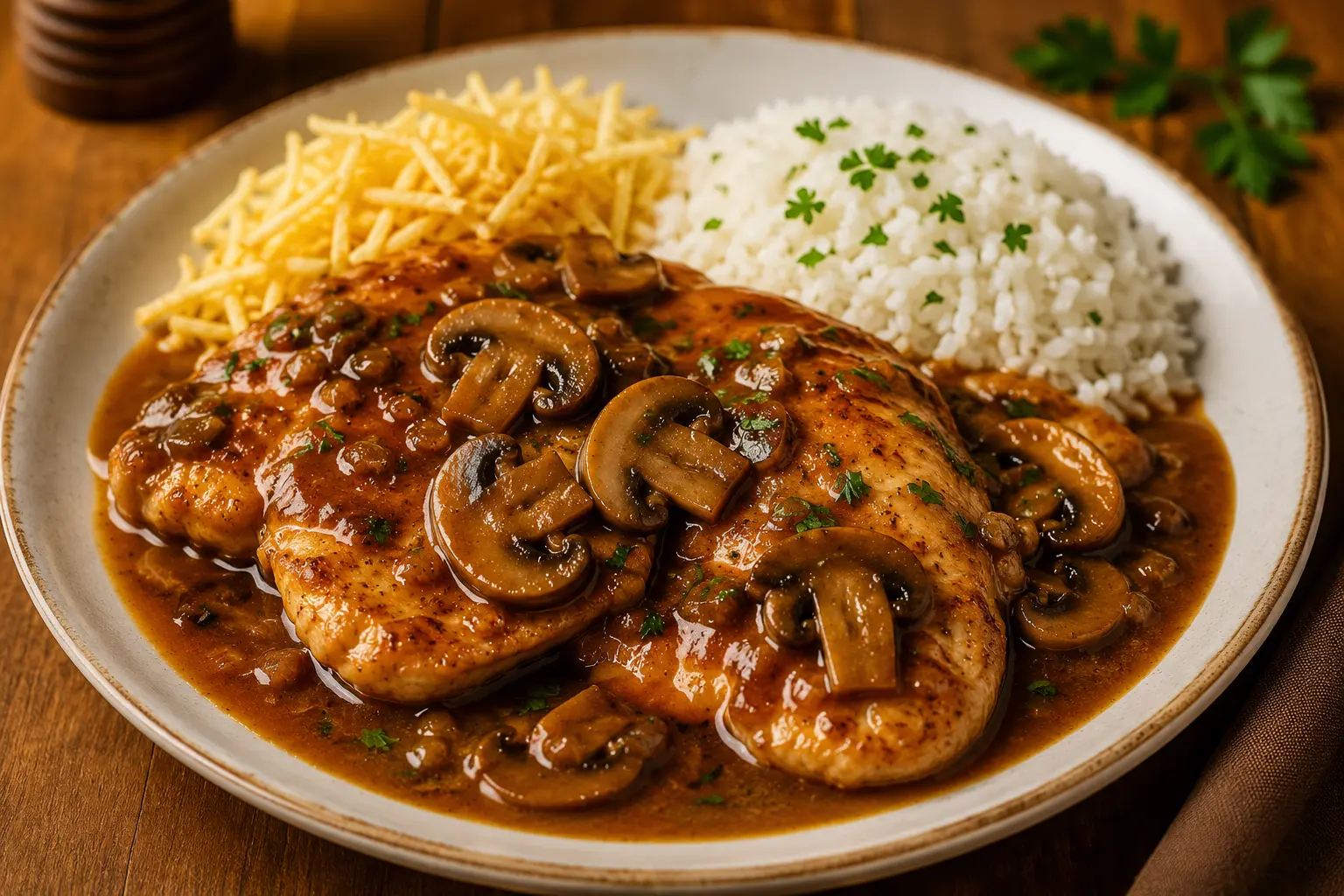prato de filé de frango ao molho madeira e champignon, arroz e batata palha.